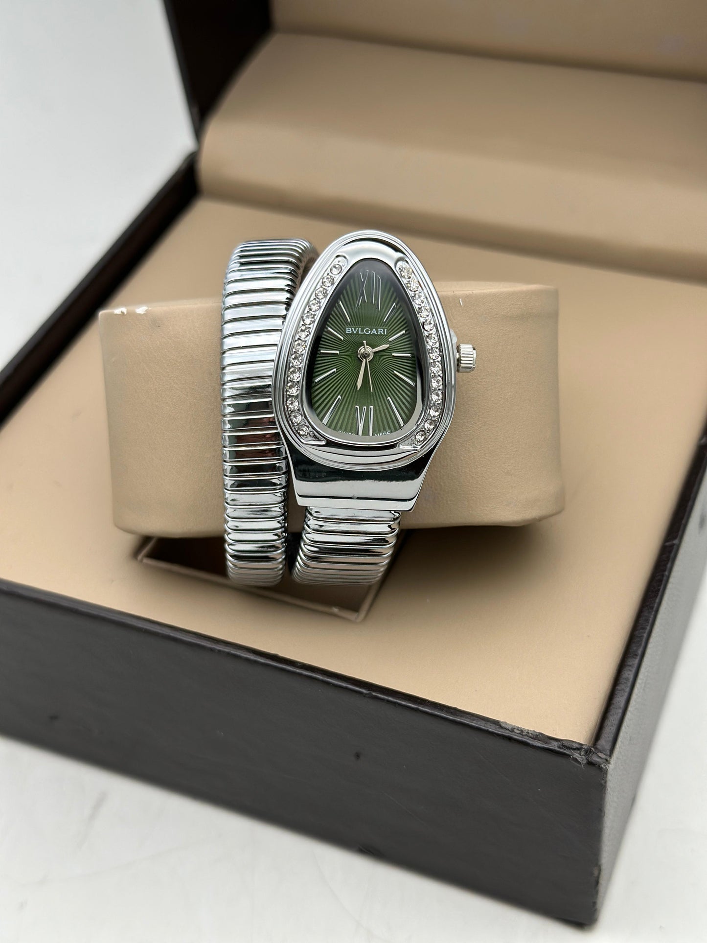 Bvlgari Serpenti Single Spiral Watch Silver Green Dial