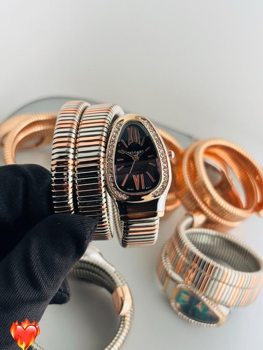 Bvlgari Serpenti Watch Rosegold Silver Black Dial