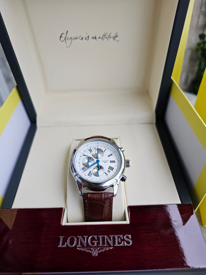Longiness Silver dial Brown Leather strap Watch