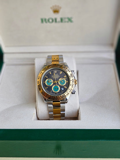 Rolex Daytona gold silver Dual Tone Engraved watch with green Chronograph