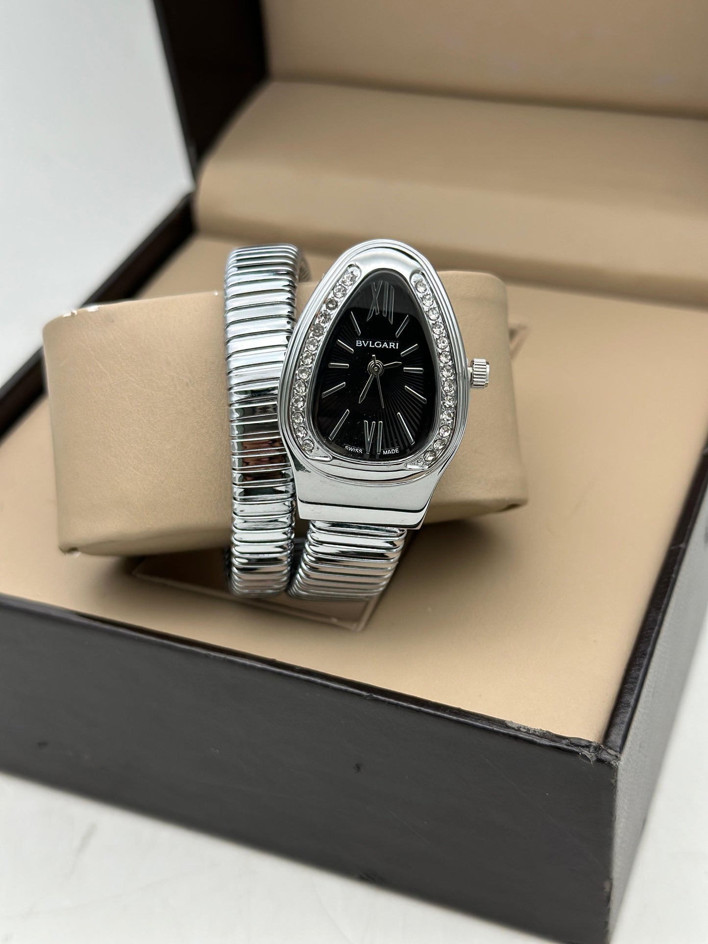 Bvlgari Serpenti Single Spiral Watch Silver Black Dial