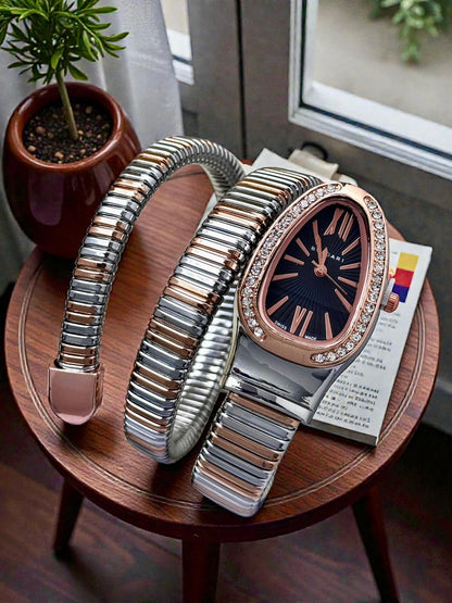 Bvlgari Serpenti Watch Rosegold Silver Black Dial