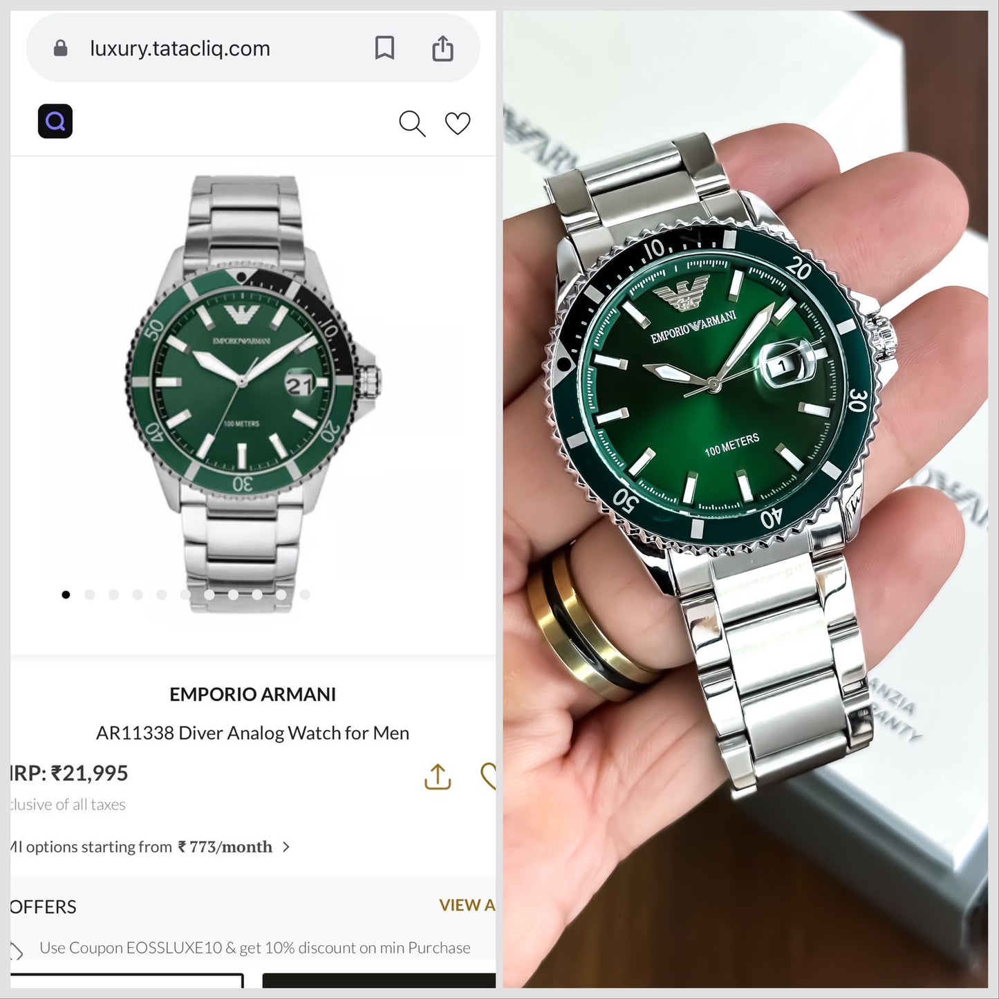 Armani Stainless Steel Green Dial Metal watch