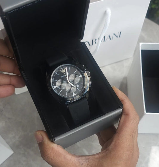 Emporio Armani black chronograph stainless steel fibre belt watch