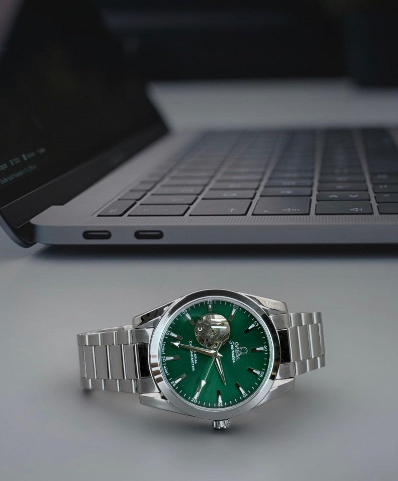 Omega seamaster open heart green dial watch